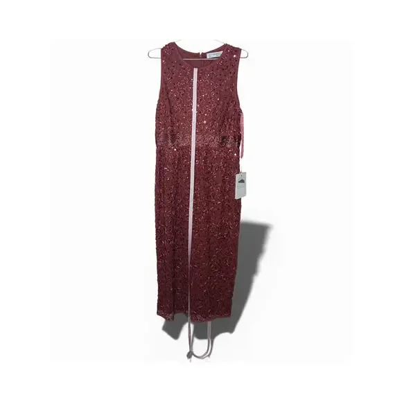 New with Tags Mac Duggal 93758 Beaded Midi Dress Jewel Neck Burgundy Size 8 - Picture 5 of 16